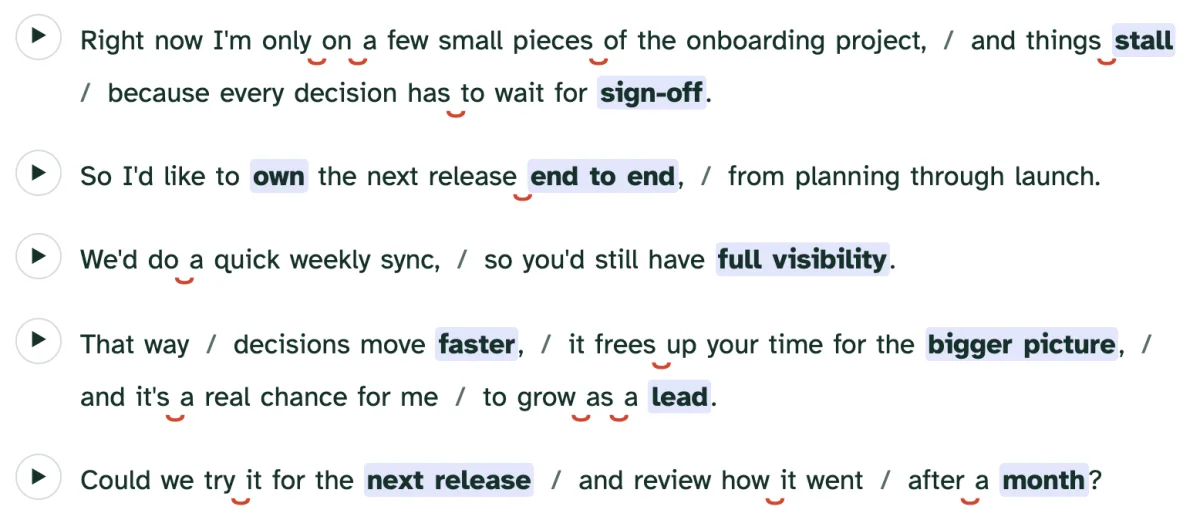 English read-along script: Red curves indicate liaisons, slashes denote pauses, and bold text shows stress.