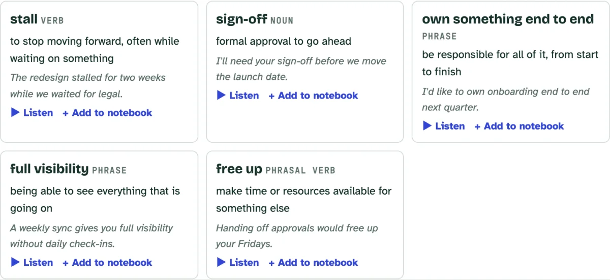 Vocabulary cards that can be added to your phrasebook.